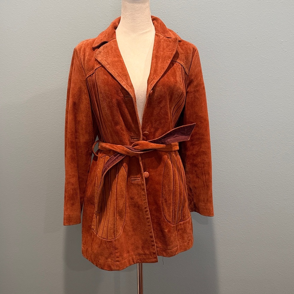 Vintage 70's Suede Burnt Orange Button Front Belted Coat Medium